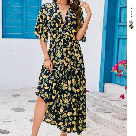 A real shot of a deep V-neck, fashionable and elegant vacation beach dress with a loose and large hem from the independent foreign trade station in Europe and America 2025 A real shot of a deep V-neck, fashionable and elegant vacation beach dress with a loose and large hem from the independent foreign trade station in Europe and America 2025